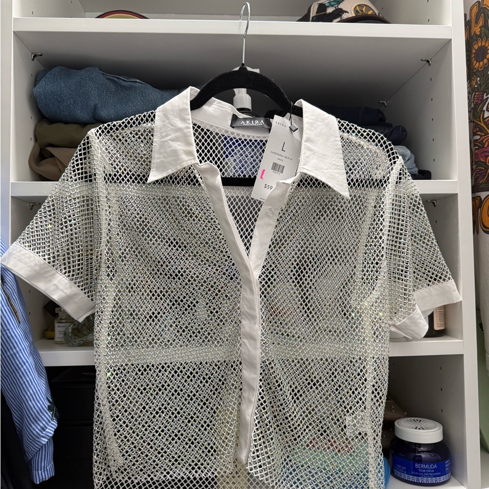 White Mesh Rhinestone Cropped Shirt